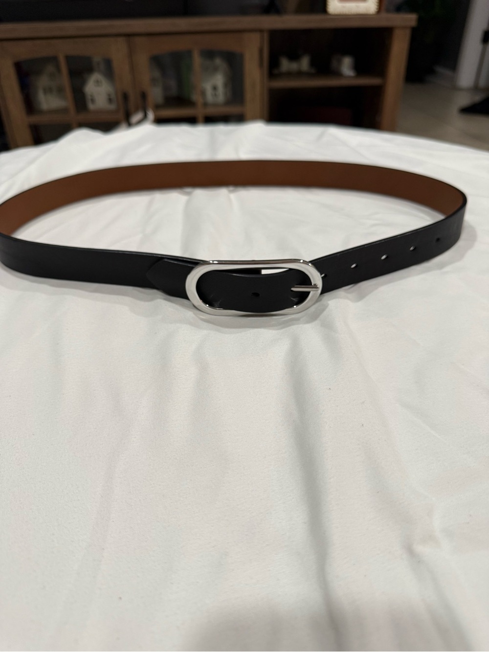 LC Lauren Conrad Black Leather Belt with Silver Oval Buckle